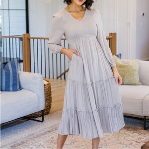 HAYDEN Women’s Taupe Easy Come, Easy Go Tiered Ruffle Smock Midi Dress Sz M